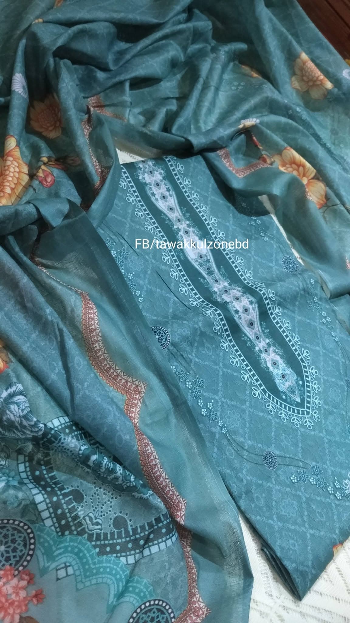 Premium Teal Blue Embroidered Print Three Piece